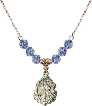 18" Hamilton Gold Plated Necklace with 4mm Light Sapphire Crystal Beads featuring a 14kt Gold Filled Divine Mercy Medal. Engraved Catholic Saint Jewelry