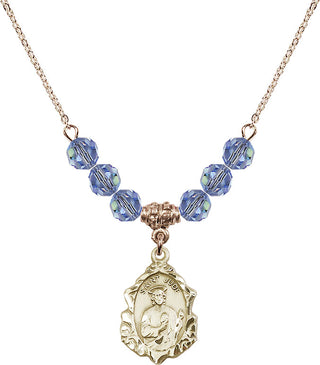 18" Hamilton Gold Plated Necklace with 4mm Light Sapphire Crystal Beads featuring a 14kt Gold Filled Saint Jude Medal. Engraved Catholic Saint Jewelry