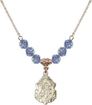 18" Hamilton Gold Plated Necklace with 4mm Light Sapphire Crystal Beads featuring a 14kt Gold Filled Saint Joseph Medal. Engraved Catholic Saint Jewelry