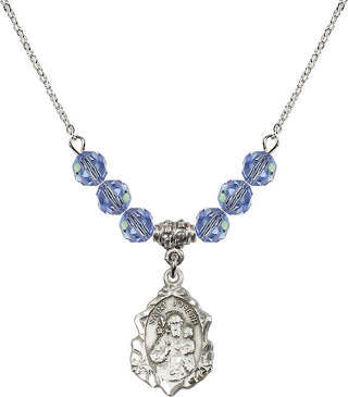 18" Rhodium Plated Necklace with 4mm Light Sapphire Crystal Beads featuring a Sterling Silver Saint Joseph Medal. Engraved Catholic Saint Jewelry