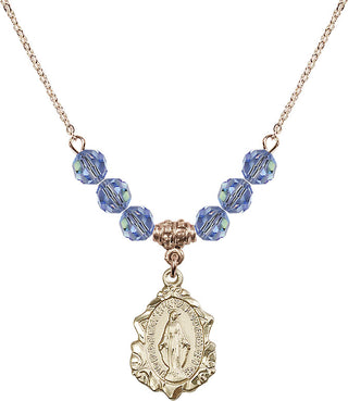 18" Hamilton Gold Plated Necklace with 4mm Light Sapphire Crystal Beads featuring a 14kt Gold Filled Miraculous Medal. Engraved Catholic Saint Jewelry