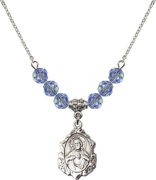 18" Rhodium Plated Necklace with 4mm Light Sapphire Crystal Beads featuring a Sterling Silver Scapular Medal.