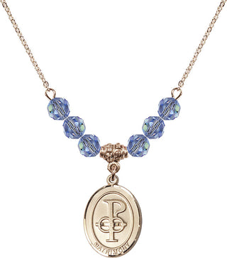 18" Hamilton Gold Plated Necklace with 4mm Light Sapphire Crystal Beads featuring a 14kt Gold Filled Matrimony Medal.