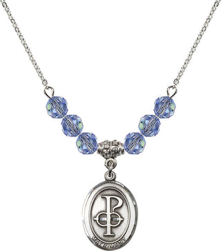 18" Rhodium Plated Necklace with 4mm Light Sapphire Crystal Beads featuring a Sterling Silver Matrimony Medal.