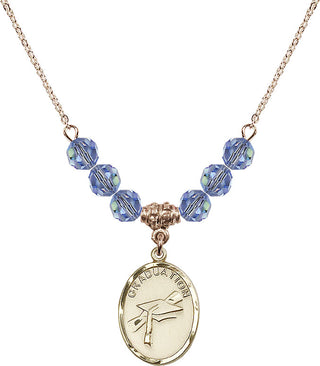 18" Hamilton Gold Plated Necklace with 4mm Light Sapphire Crystal Beads featuring a 14kt Gold Filled Graduation Medal.