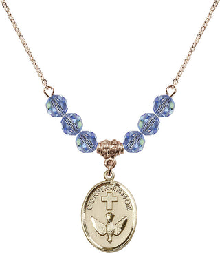 18" Hamilton Gold Plated Necklace with 4mm Light Sapphire Crystal Beads featuring a 14kt Gold Filled Confirmation Medal.