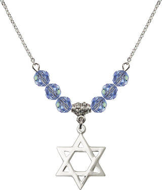 18" Rhodium Plated Necklace with 4mm Light Sapphire Crystal Beads featuring a Sterling Silver Star of David Medal.