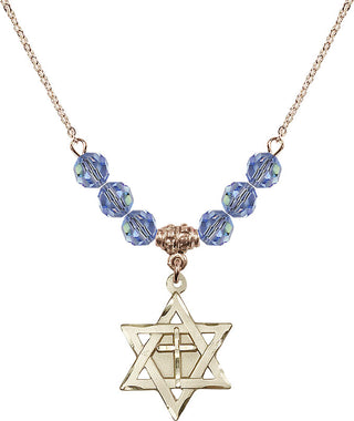 18" Hamilton Gold Plated Necklace with 4mm Light Sapphire Crystal Beads featuring a 14kt Gold Filled Star of David with Cross Medal.