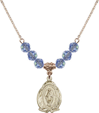 18" Hamilton Gold Plated Necklace with 4mm Light Sapphire Crystal Beads featuring a 14kt Gold Filled Miraculous Medal.