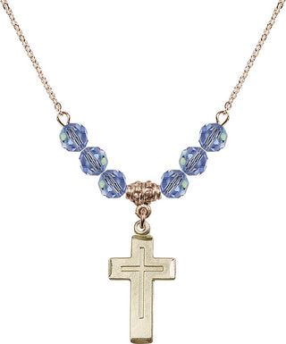 18" Hamilton Gold Plated Necklace with 4mm Light Sapphire Crystal Beads featuring a 14kt Gold Filled Cross Medal.