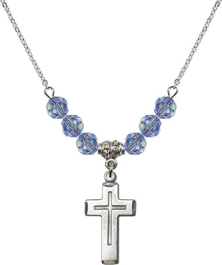 18" Rhodium Plated Necklace with 4mm Light Sapphire Crystal Beads featuring a Sterling Silver Cross Medal.