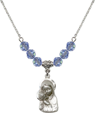 18" Rhodium Plated Necklace with 4mm Light Sapphire Crystal Beads featuring a Sterling Silver Madonna & Child Medal.