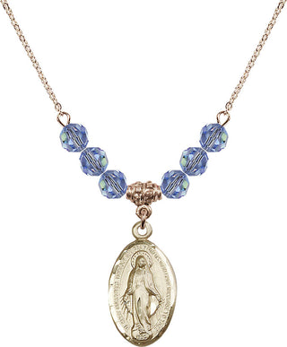 18" Hamilton Gold Plated Necklace with 4mm Light Sapphire Crystal Beads featuring a 14kt Gold Filled Miraculous Medal.