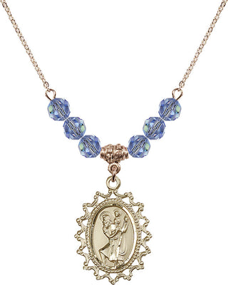18" Hamilton Gold Plated Necklace with 4mm Light Sapphire Crystal Beads featuring a 14kt Gold Filled Saint Christopher Medal.