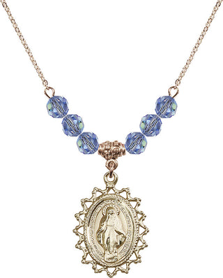 18" Hamilton Gold Plated Necklace with 4mm Light Sapphire Crystal Beads featuring a 14kt Gold Filled Miraculous Medal.