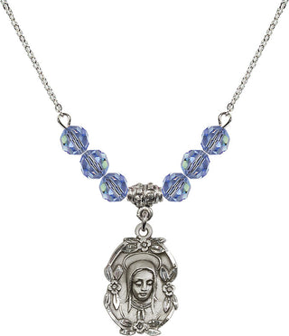 18" Rhodium Plated Necklace with 4mm Light Sapphire Crystal Beads featuring a Sterling Silver Madonna Medal.