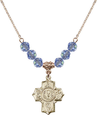 18" Hamilton Gold Plated Necklace with 4mm Light Sapphire Crystal Beads featuring a 14kt Gold Filled Communion/5-Way Medal.