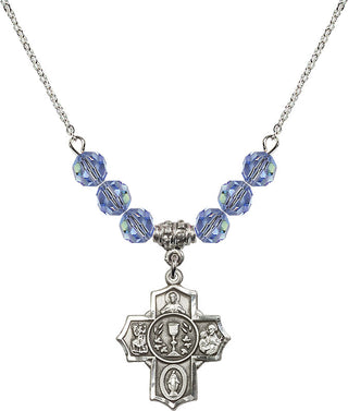 18" Rhodium Plated Necklace with 4mm Light Sapphire Crystal Beads featuring a Sterling Silver Communion/5-Way Medal.