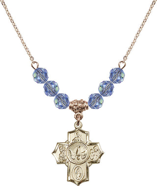 18" Hamilton Gold Plated Necklace with 4mm Light Sapphire Crystal Beads featuring a 14kt Gold Filled 5-Way Medal.