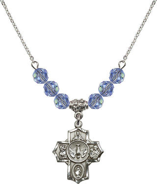 18" Rhodium Plated Necklace with 4mm Light Sapphire Crystal Beads featuring a Sterling Silver 5-Way Medal.