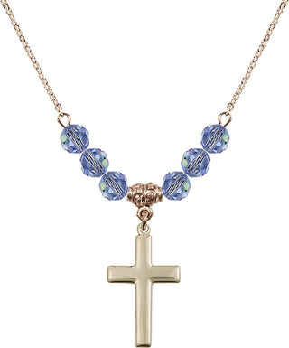 18" Hamilton Gold Plated Necklace with 4mm Light Sapphire Crystal Beads featuring a 14kt Gold Filled Cross Medal.