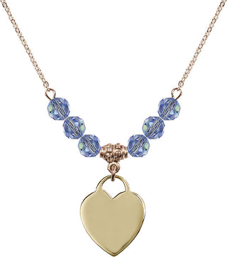18" Hamilton Gold Plated Necklace with 4mm Light Sapphire Crystal Beads featuring a 14kt Gold Filled Heart Medal. Engraved Catholic Saint Jewelry