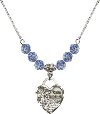 18" Rhodium Plated Necklace with 4mm Light Sapphire Crystal Beads featuring a Sterling Silver Saint Michael the Archangel Medal. Engraved Catholic Saint Jewelry