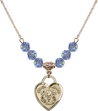 18" Hamilton Gold Plated Necklace with 4mm Light Sapphire Crystal Beads featuring a 14kt Gold Filled Communion Heart Medal. Engraved Catholic Saint Jewelry