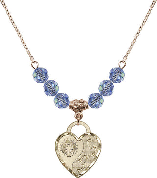 18" Hamilton Gold Plated Necklace with 4mm Light Sapphire Crystal Beads featuring a 14kt Gold Filled Footprints Heart Medal. Engraved Catholic Saint Jewelry
