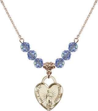 18" Hamilton Gold Plated Necklace with 4mm Light Sapphire Crystal Beads featuring a 14kt Gold Filled Our Lady Guadalupe Heart / Recuerdo Medal.