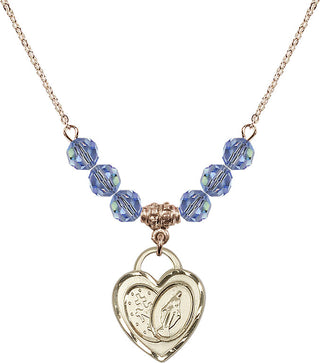 18" Hamilton Gold Plated Necklace with 4mm Light Sapphire Crystal Beads featuring a 14kt Gold Filled Miraculous Heart Medal.