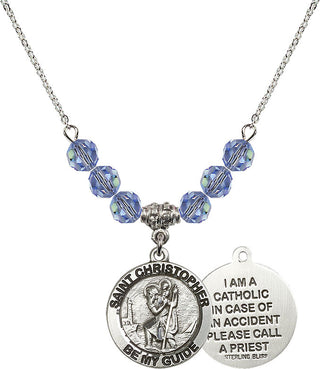 18" Rhodium Plated Necklace with 4mm Light Sapphire Crystal Beads featuring a Sterling Silver Saint Christopher Medal.