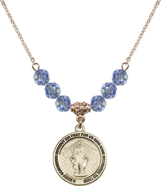 18" Hamilton Gold Plated Necklace with 4mm Light Sapphire Crystal Beads featuring a 14kt Gold Filled Miraculous Medal.