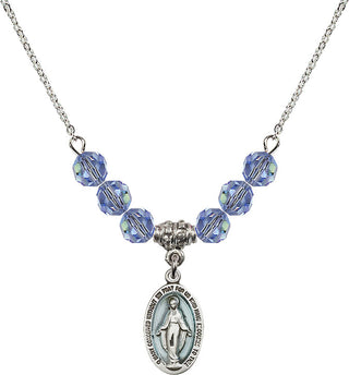 18" Rhodium Plated Necklace with 4mm Light Sapphire Crystal Beads featuring a Sterling Silver Miraculous Medal.