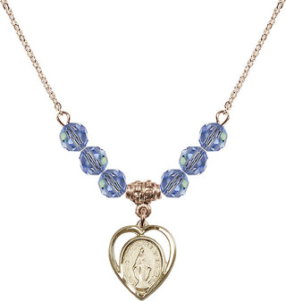 18" Hamilton Gold Plated Necklace with 4mm Light Sapphire Crystal Beads featuring a 14kt Gold Filled Miraculous Medal.