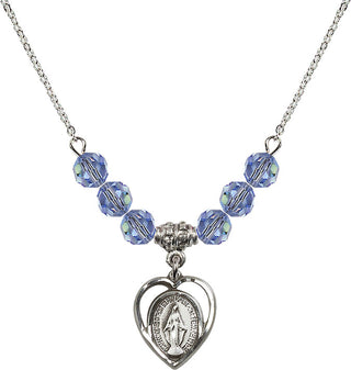 18" Rhodium Plated Necklace with 4mm Light Sapphire Crystal Beads featuring a Sterling Silver Miraculous Medal.