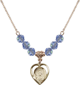 18" Hamilton Gold Plated Necklace with 4mm Light Sapphire Crystal Beads featuring a 14kt Gold Filled Scapular Medal.