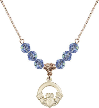 18" Hamilton Gold Plated Necklace with 4mm Light Sapphire Crystal Beads featuring a 14kt Gold Filled Claddagh Medal.