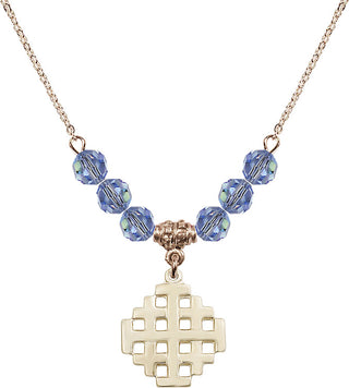 18" Hamilton Gold Plated Necklace with 4mm Light Sapphire Crystal Beads featuring a 14kt Gold Filled Jerusalem Cross Medal.