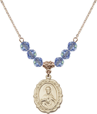 18" Hamilton Gold Plated Necklace with 4mm Light Sapphire Crystal Beads featuring a 14kt Gold Filled Scapular Medal.