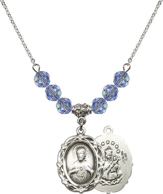 18" Rhodium Plated Necklace with 4mm Light Sapphire Crystal Beads featuring a Sterling Silver Scapular Medal.