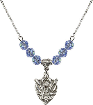 18" Rhodium Plated Necklace with 4mm Light Sapphire Crystal Beads featuring a Sterling Silver Communion Medal.