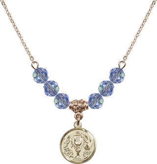 18" Hamilton Gold Plated Necklace with 4mm Light Sapphire Crystal Beads featuring a 14kt Gold Filled Communion Chalice Medal.