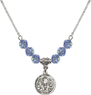 18" Rhodium Plated Necklace with 4mm Light Sapphire Crystal Beads featuring a Sterling Silver Communion Chalice Medal.