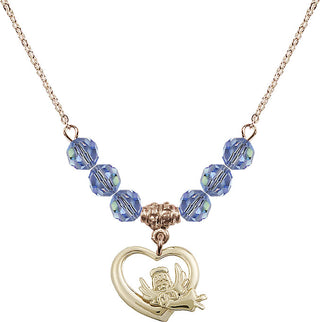 18" Hamilton Gold Plated Necklace with 4mm Light Sapphire Crystal Beads featuring a 14kt Gold Filled Heart / Guardian Angel Medal.