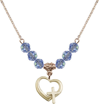 18" Hamilton Gold Plated Necklace with 4mm Light Sapphire Crystal Beads featuring a 14kt Gold Filled Heart / Cross Medal.