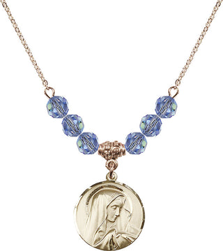 18" Hamilton Gold Plated Necklace with 4mm Light Sapphire Crystal Beads featuring a 14kt Gold Filled Sorrowful Mother Medal.