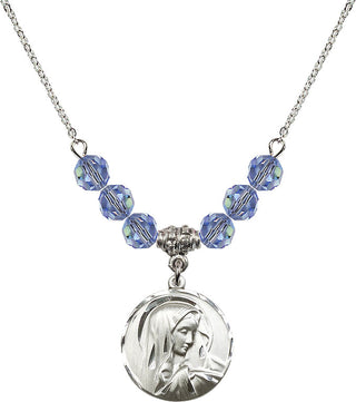 18" Rhodium Plated Necklace with 4mm Light Sapphire Crystal Beads featuring a Sterling Silver Sorrowful Mother Medal.