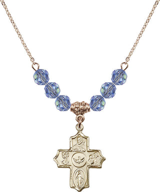 18" Hamilton Gold Plated Necklace with 4mm Light Sapphire Crystal Beads featuring a 14kt Gold Filled 5-Way Medal.