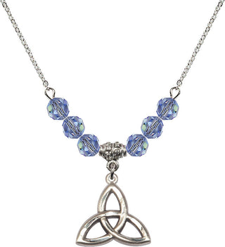 18" Rhodium Plated Necklace with 4mm Light Sapphire Crystal Beads featuring a Sterling Silver Trinity Irish Knot Medal.